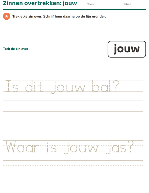 Voorbeeld van het Flitswoorden-werkblad voor kleuterklas