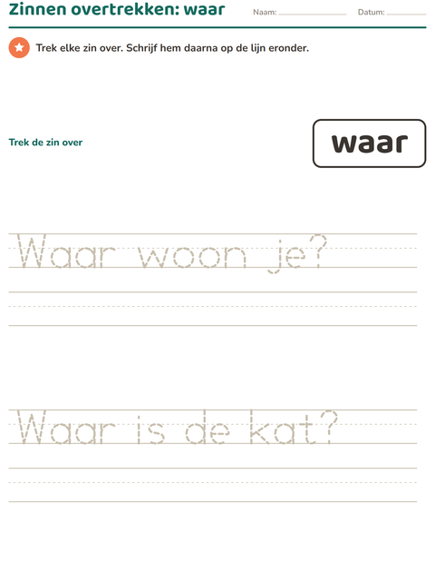 Voorbeeld van het Flitswoorden-werkblad voor kleuterklas