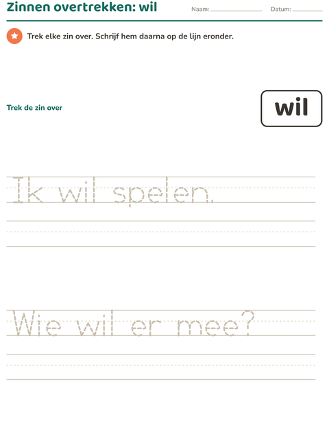 Voorbeeld van het Flitswoorden-werkblad voor kleuterklas