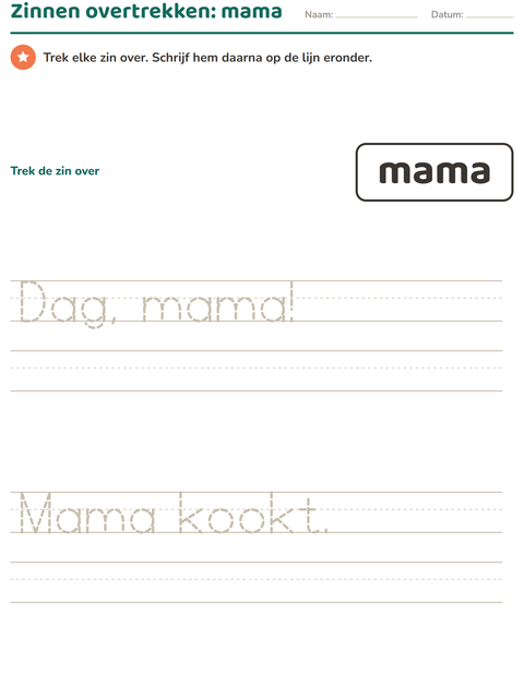 Voorbeeld van het Flitswoorden-werkblad voor kleuterklas