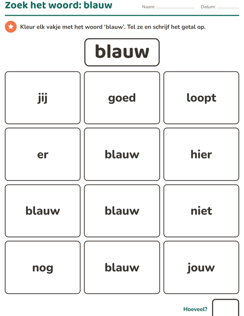 Voorbeeld van het Flitswoorden-werkblad voor kleuterklas