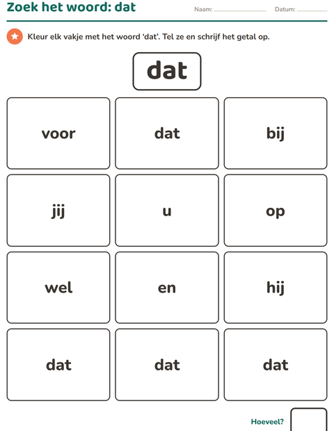 Voorbeeld van het Flitswoorden-werkblad voor kleuterklas