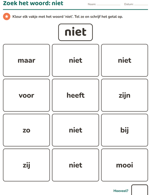 Voorbeeld van het Flitswoorden-werkblad voor kleuterklas