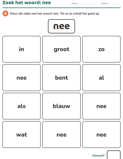Voorbeeld van het Flitswoorden-werkblad voor kleuterklas