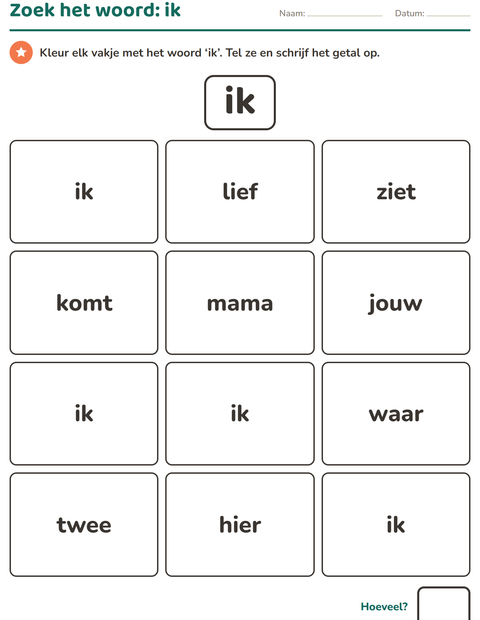 Voorbeeld van het Flitswoorden-werkblad voor kleuterklas