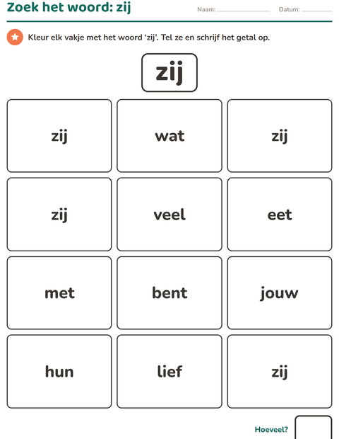 Voorbeeld van het Flitswoorden-werkblad voor kleuterklas