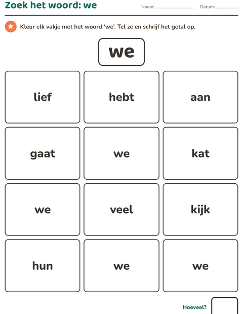 Voorbeeld van het Flitswoorden-werkblad voor kleuterklas