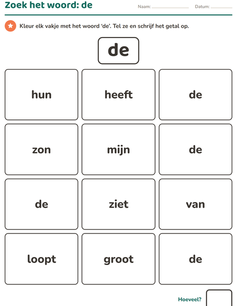 Voorbeeld van het Flitswoorden-werkblad voor kleuterklas