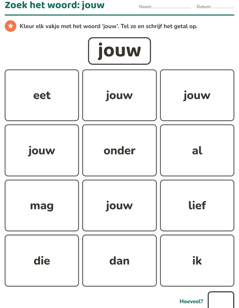 Voorbeeld van het Flitswoorden-werkblad voor kleuterklas
