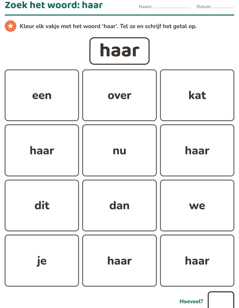 Voorbeeld van het Flitswoorden-werkblad voor kleuterklas