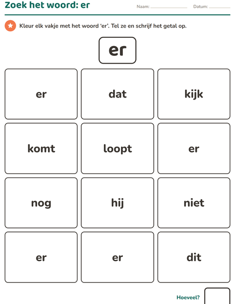 Voorbeeld van het Flitswoorden-werkblad voor kleuterklas