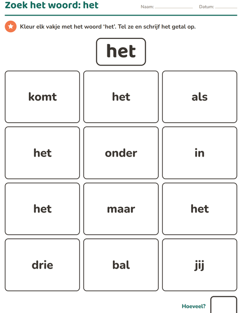Voorbeeld van het Flitswoorden-werkblad voor kleuterklas