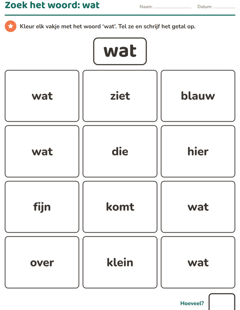 Voorbeeld van het Flitswoorden-werkblad voor kleuterklas