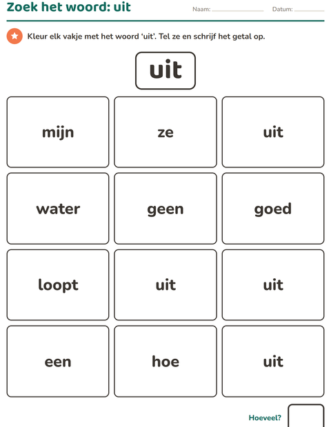 Voorbeeld van het Flitswoorden-werkblad voor kleuterklas