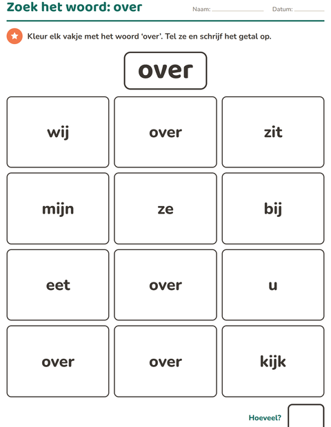 Voorbeeld van het Flitswoorden-werkblad voor kleuterklas