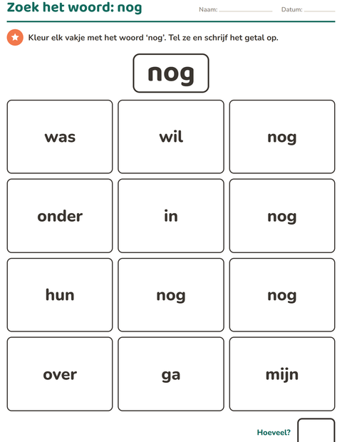 Voorbeeld van het Flitswoorden-werkblad voor kleuterklas