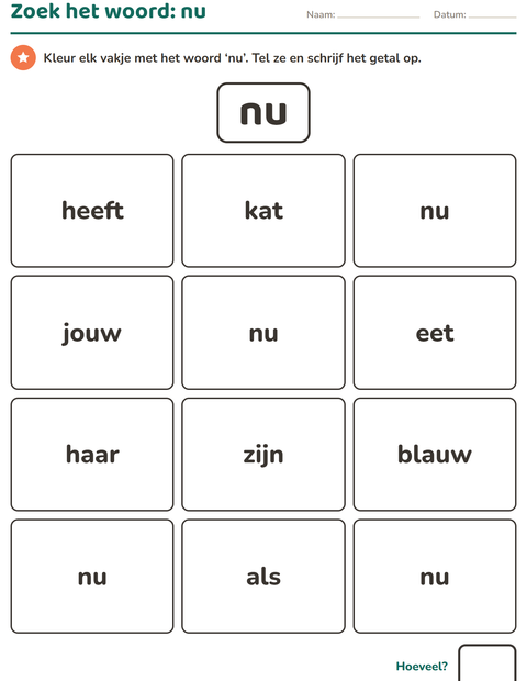 Voorbeeld van het Flitswoorden-werkblad voor kleuterklas