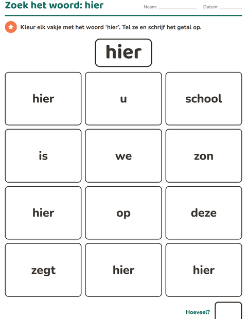 Voorbeeld van het Flitswoorden-werkblad voor kleuterklas