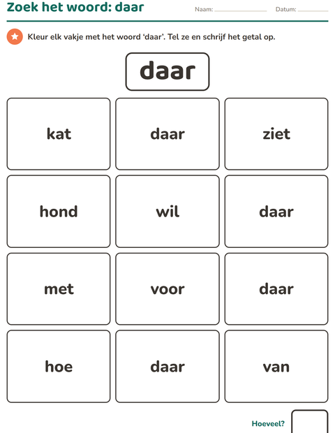 Voorbeeld van het Flitswoorden-werkblad voor kleuterklas