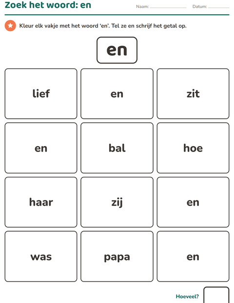 Voorbeeld van het Flitswoorden-werkblad voor kleuterklas