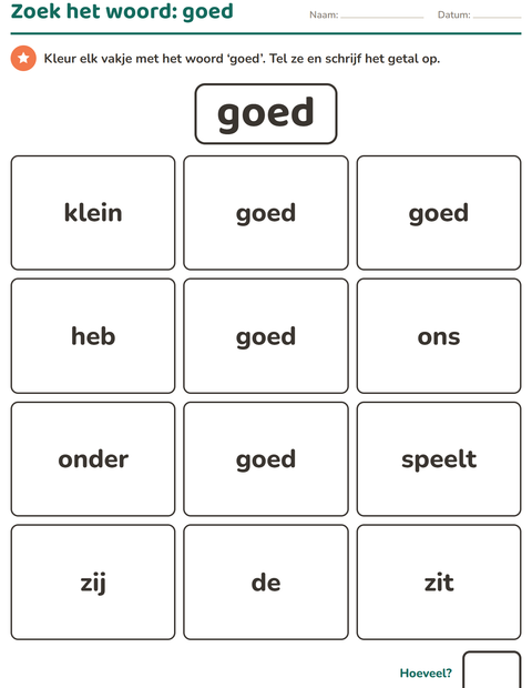 Voorbeeld van het Flitswoorden-werkblad voor kleuterklas
