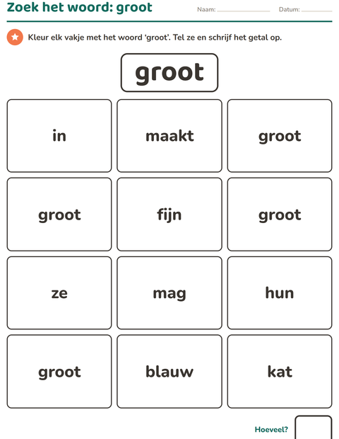 Voorbeeld van het Flitswoorden-werkblad voor kleuterklas
