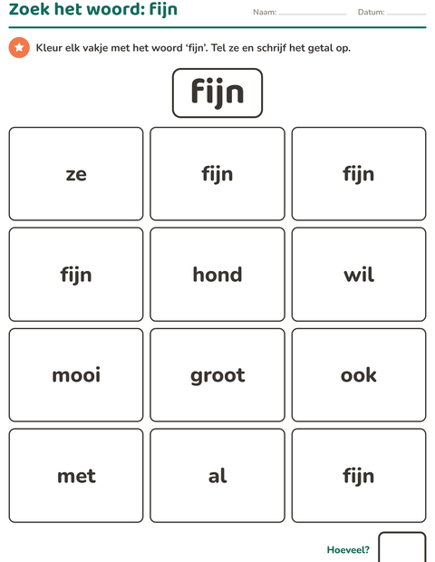 Voorbeeld van het Flitswoorden-werkblad voor kleuterklas