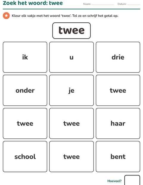 Voorbeeld van het Flitswoorden-werkblad voor kleuterklas