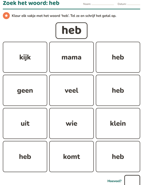 Voorbeeld van het Flitswoorden-werkblad voor kleuterklas