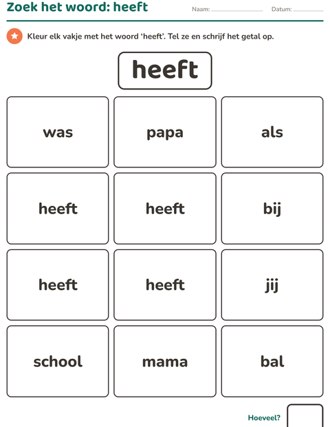Voorbeeld van het Flitswoorden-werkblad voor kleuterklas