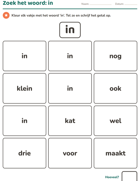 Voorbeeld van het Flitswoorden-werkblad voor kleuterklas