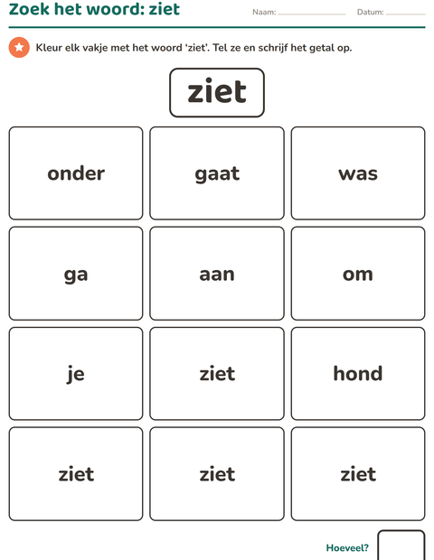 Voorbeeld van het Flitswoorden-werkblad voor kleuterklas