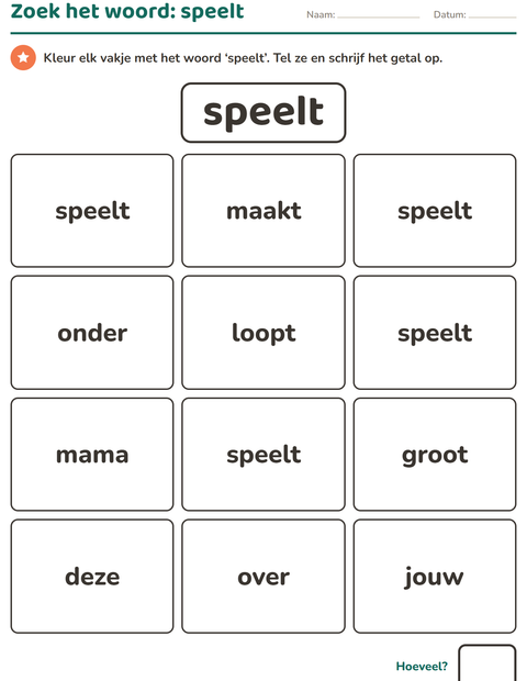 Voorbeeld van het Flitswoorden-werkblad voor kleuterklas