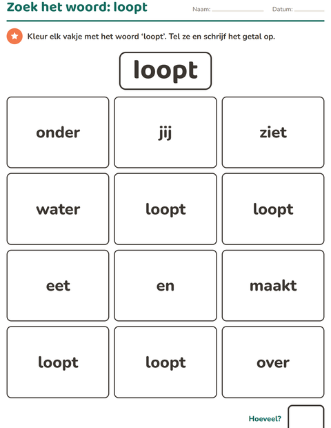 Voorbeeld van het Flitswoorden-werkblad voor kleuterklas