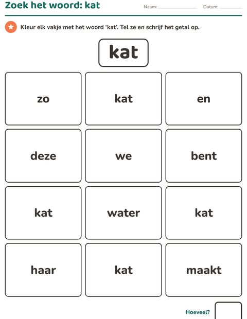 Voorbeeld van het Flitswoorden-werkblad voor kleuterklas