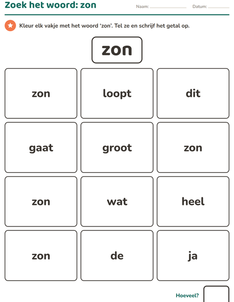 Voorbeeld van het Flitswoorden-werkblad voor kleuterklas