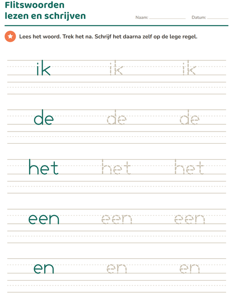 Voorbeeld van het Flitswoorden-werkblad voor kleuterklas