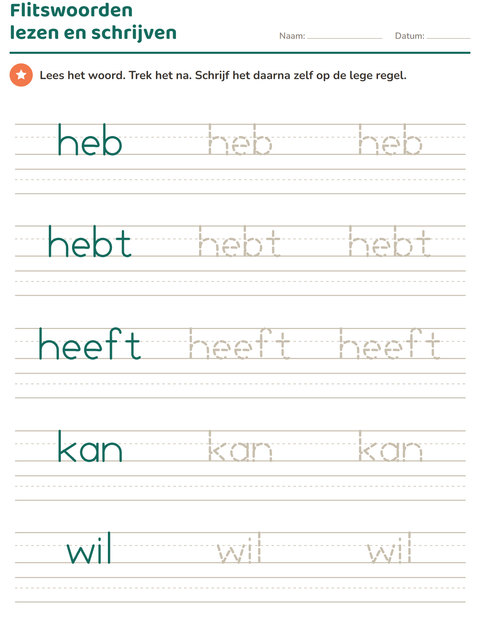 Voorbeeld van het Flitswoorden-werkblad voor kleuterklas