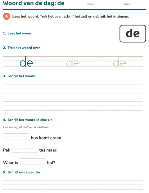 Voorbeeld van het Flitswoorden-werkblad voor kleuterklas