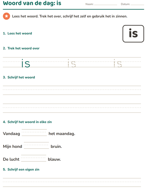 Voorbeeld van het Flitswoorden-werkblad voor kleuterklas