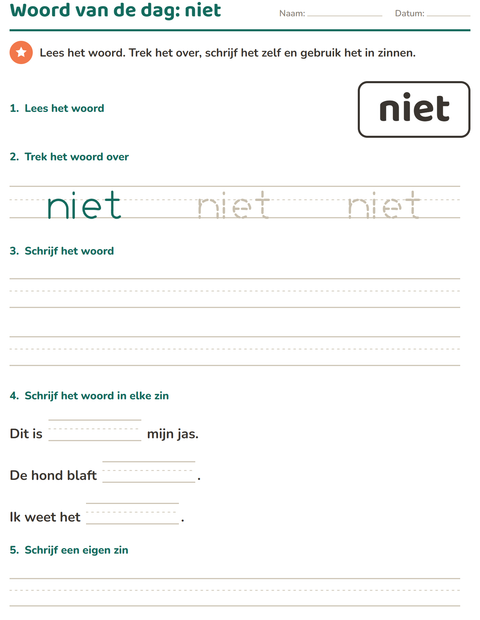 Voorbeeld van het Flitswoorden-werkblad voor kleuterklas