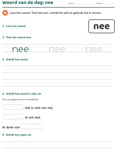Voorbeeld van het Flitswoorden-werkblad voor kleuterklas