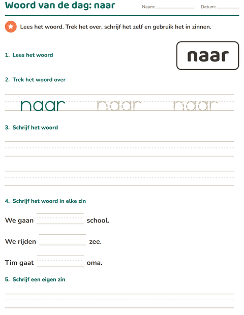 Voorbeeld van het Flitswoorden-werkblad voor kleuterklas