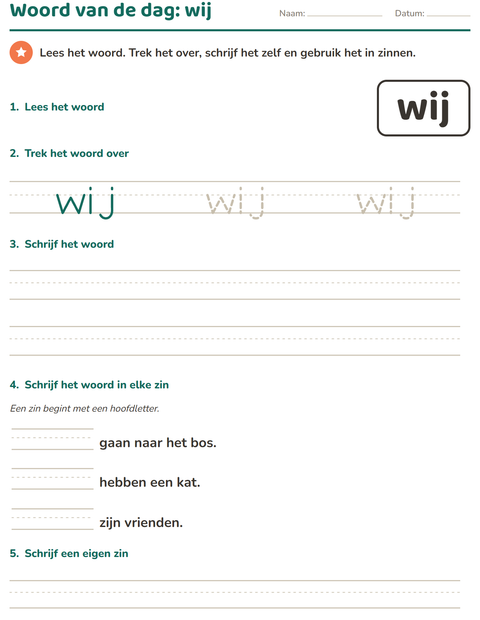 Voorbeeld van het Flitswoorden-werkblad voor kleuterklas