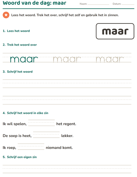 Voorbeeld van het Flitswoorden-werkblad voor kleuterklas