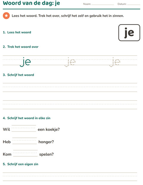 Voorbeeld van het Flitswoorden-werkblad voor kleuterklas