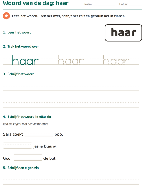 Voorbeeld van het Flitswoorden-werkblad voor kleuterklas