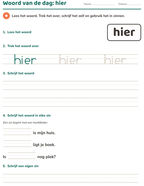 Voorbeeld van het Flitswoorden-werkblad voor kleuterklas