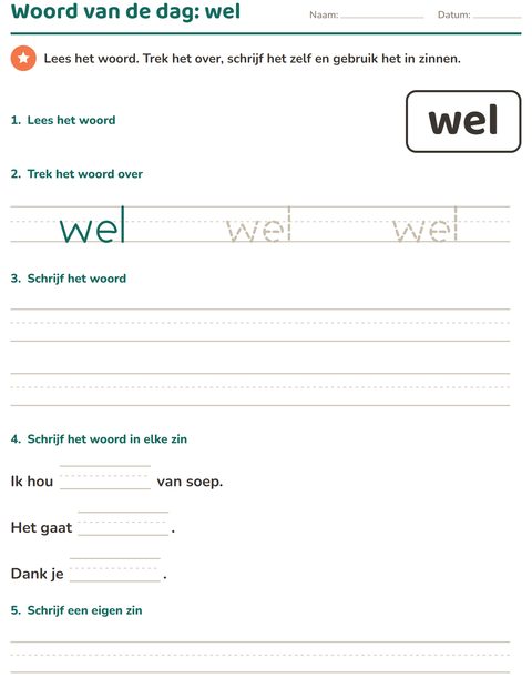 Voorbeeld van het Flitswoorden-werkblad voor kleuterklas