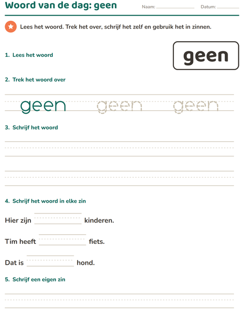 Voorbeeld van het Flitswoorden-werkblad voor kleuterklas